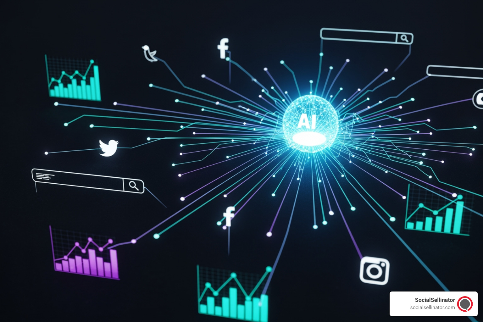 Abstract, futuristic design representing AI and data connections, with glowing lines connecting various digital marketing elements like social media icons, search bars, and analytics graphs. - Digital marketing consulting Abstract, futuristic design representing AI and data connections, with glowing lines connecting various digital marketing elements like social media icons, search bars, and analytics graphs. - Digital marketing consulting