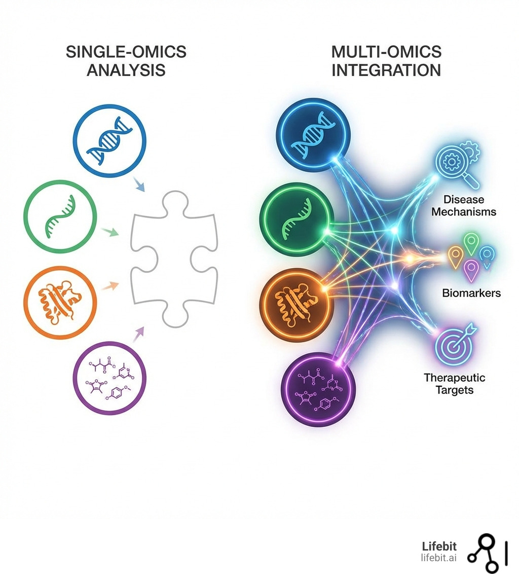 Infographic showing the difference between single-omics analysis (examining DNA, RNA, proteins, or metabolites in isolation) versus multi-omics integration (connecting all layers together to reveal disease mechanisms, biomarkers, and therapeutic targets) - multi-omics analytics infographic 