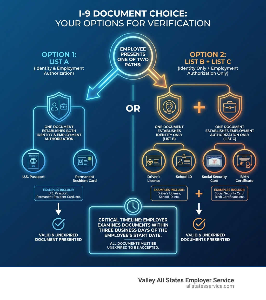 Infographic showing the I-9 document choice: Employee presents either one document from List A (which establishes both identity and employment authorization, examples include U.S. Passport and Permanent Resident Card), OR a combination of one document from List B (which establishes identity only, examples include Driver's License and School ID) plus one document from List C (which establishes employment authorization only, examples include Social Security Card and Birth Certificate). All documents must be unexpired. The employer examines documents within three business days of the employee's start date. - i 9 valid documents infographic 