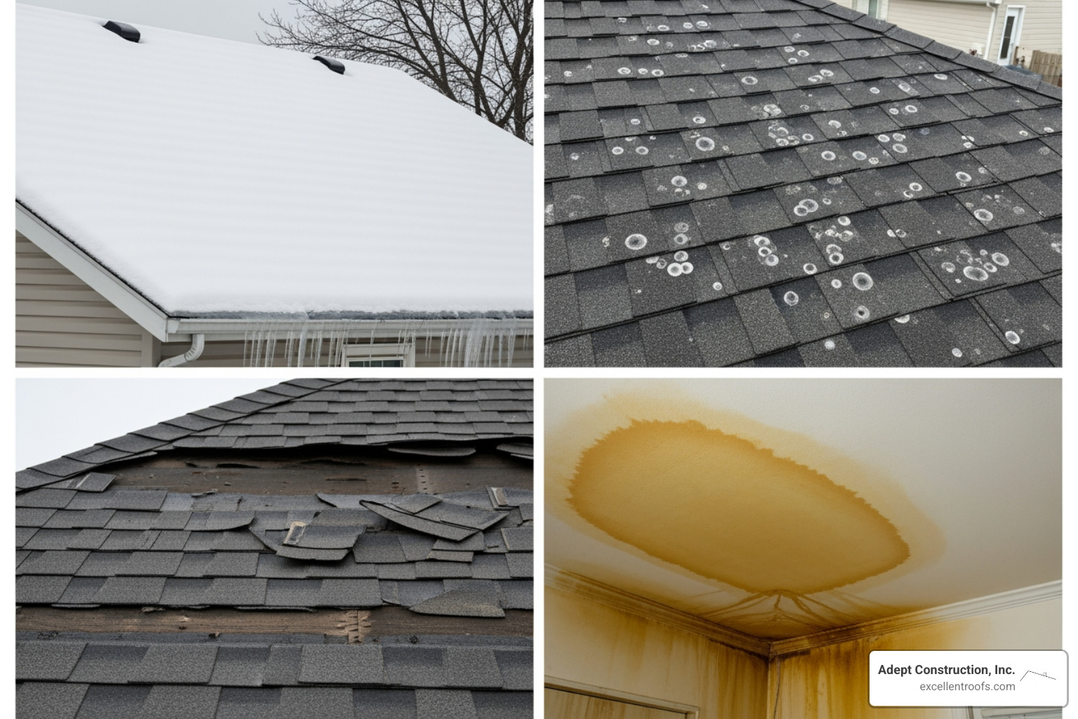 A collage of images showing various roof problems: a roof covered in thick snow, a close-up of hail damage on shingles, a section of roof with missing shingles, and water stains on a ceiling. - roof repair contractor naperville il