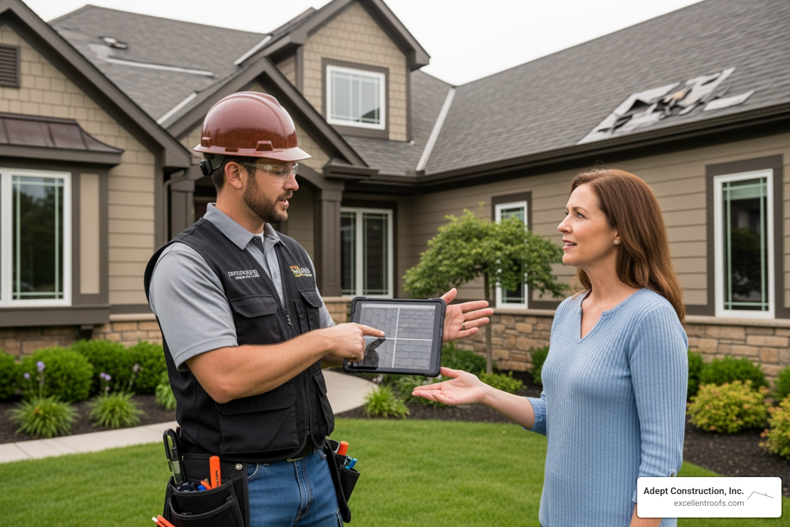 A professional roofing contractor, wearing safety gear, showing a homeowner digital photos of their roof damage on a tablet, explaining the repair process. - roof repair contractor naperville il
