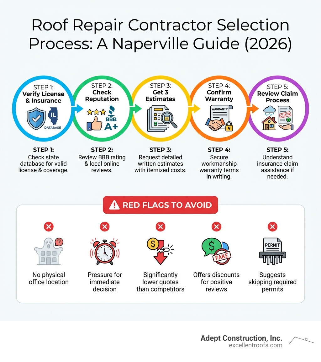 Infographic showing the roof repair contractor selection process: Step 1 - Verify contractor license and insurance through state database. Step 2 - Check BBB rating and local reviews for reputation. Step 3 - Get 3 detailed written estimates with itemized costs. Step 4 - Confirm workmanship warranty terms in writing. Step 5 - Review insurance claim assistance process if needed. Red flags to avoid: No physical office location, pressure for immediate decision, significantly lower quotes than competitors, offers discounts for positive reviews, suggests skipping required permits. - roof repair contractor naperville il infographic 