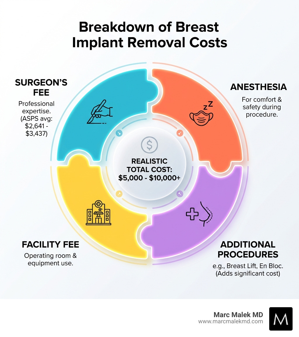 infographic showing breakdown of breast implant removal costs with four main components: Surgeon's Fee, Anesthesia, Facility Fee, and Additional Procedures. - breast implant removal cost infographic infographic showing breakdown of breast implant removal costs with four main components: Surgeon's Fee, Anesthesia, Facility Fee, and Additional Procedures. - breast implant removal cost infographic