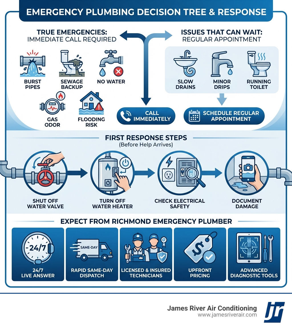Infographic showing emergency plumbing decision tree: top section lists true emergencies requiring immediate call (burst pipes, sewage backup, no water, gas odor, flooding risk) versus issues that can wait for regular appointment (slow drains, minor drips, running toilet); middle section shows first response steps with icons (shut off water valve, turn off water heater, check electrical safety, document damage); bottom section displays what to expect from Richmond emergency plumber (24/7 live answer, rapid same-day dispatch, licensed and insured technicians, upfront pricing, advanced diagnostic tools) - 24/7 plumbing repair in richmond, va infographic Infographic showing emergency plumbing decision tree: top section lists true emergencies requiring immediate call (burst pipes, sewage backup, no water, gas odor, flooding risk) versus issues that can wait for regular appointment (slow drains, minor drips, running toilet); middle section shows first response steps with icons (shut off water valve, turn off water heater, check electrical safety, document damage); bottom section displays what to expect from Richmond emergency plumber (24/7 live answer, rapid same-day dispatch, licensed and insured technicians, upfront pricing, advanced diagnostic tools) - 24/7 plumbing repair in richmond, va infographic