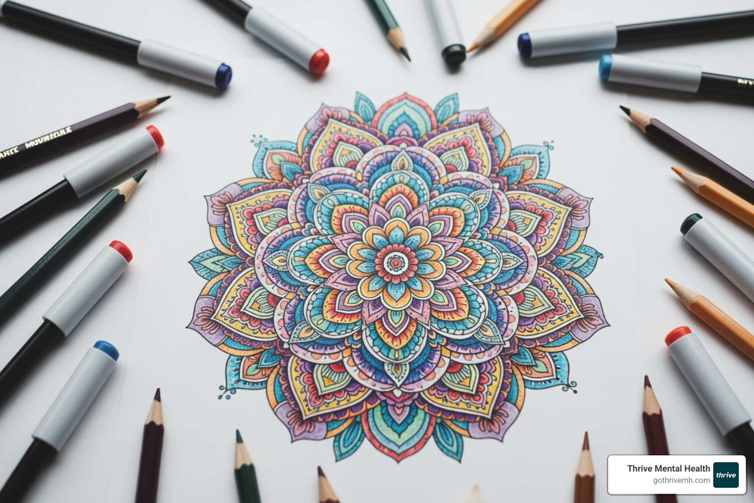 a completed mandala drawing, vibrant and detailed - mental health art activities students