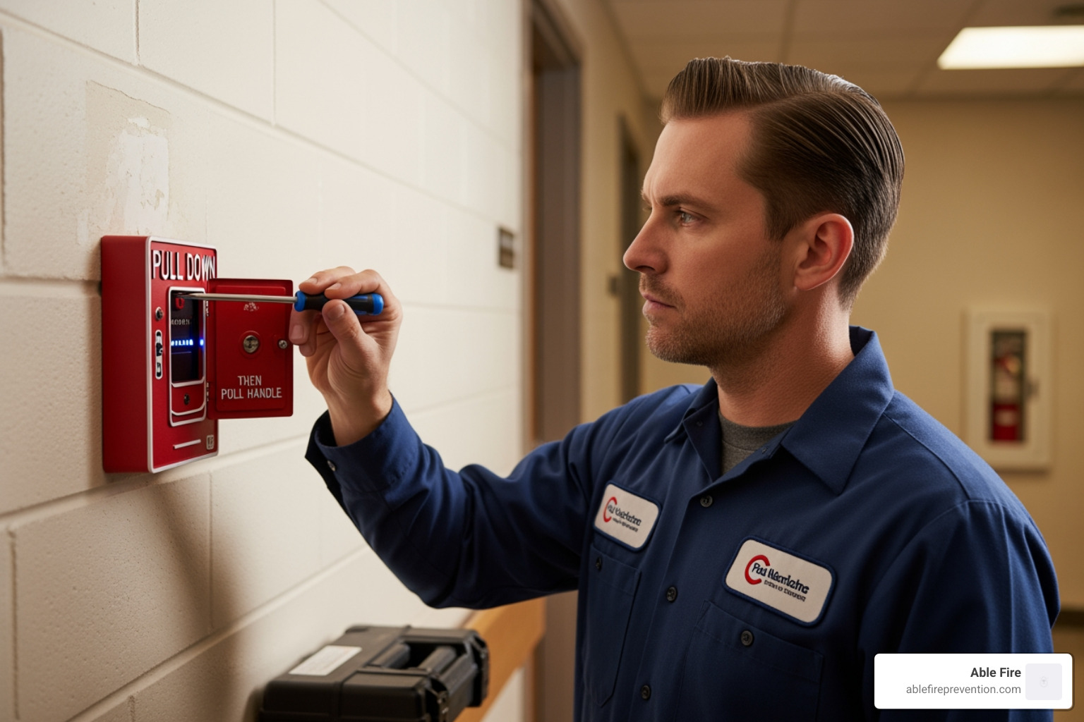 technician testing a manual pull station - fire alarm systems maintenance