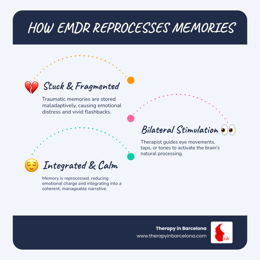 Infographic showing how EMDR helps the brain reprocess stuck memories: a visual representation of a memory moving from being emotionally charged and fragmented to integrated and manageable, with bilateral stimulation (represented by alternating arrows or waves) facilitating the process - EMDR therapy in English infographic infographic-line-3-steps-blues-accent_colors
