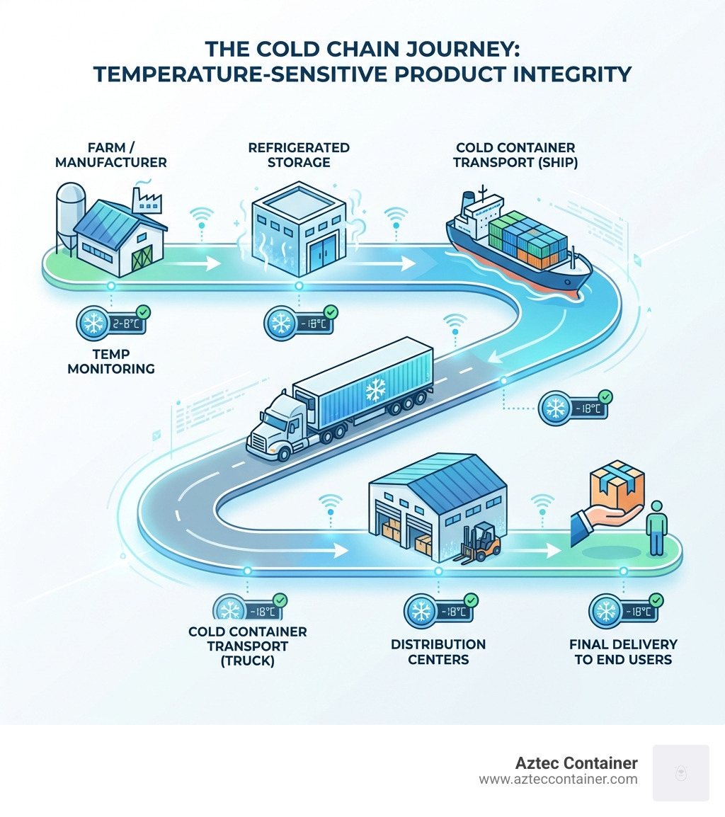 Infographic showing the cold chain journey of temperature-sensitive products from farm/manufacturer through refrigerated storage, cold container transport via ship/truck, distribution centers, and final delivery to end users, with temperature monitoring indicators at each stage - cold container infographic 