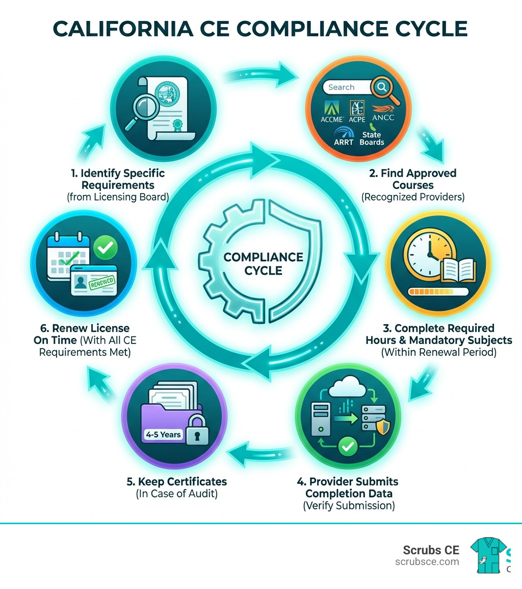 Infographic showing the California CE compliance cycle: Step 1 - Identify your profession's specific CE requirements from your licensing board. Step 2 - Find approved courses from recognized providers (ACCME, ACPE, ANCC, ARRT, state boards). Step 3 - Complete required hours within your renewal period, including any mandatory subjects. Step 4 - Provider submits completion data to your licensing board (verify submission). Step 5 - Keep certificates for 4-5 years in case of audit. Step 6 - Renew your license on time with all CE requirements met. - California CE credits infographic Infographic showing the California CE compliance cycle: Step 1 - Identify your profession's specific CE requirements from your licensing board. Step 2 - Find approved courses from recognized providers (ACCME, ACPE, ANCC, ARRT, state boards). Step 3 - Complete required hours within your renewal period, including any mandatory subjects. Step 4 - Provider submits completion data to your licensing board (verify submission). Step 5 - Keep certificates for 4-5 years in case of audit. Step 6 - Renew your license on time with all CE requirements met. - California CE credits infographic