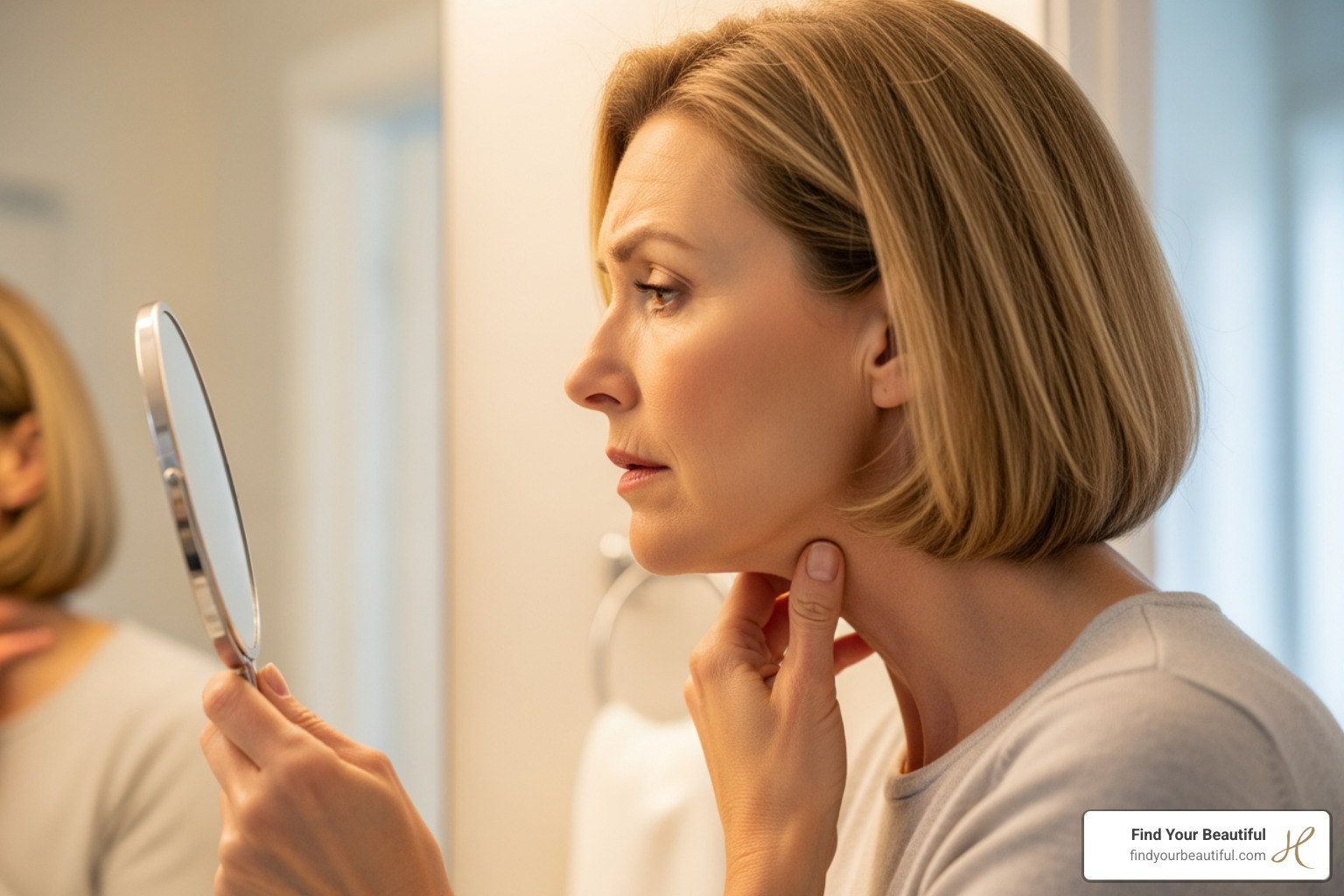 Woman examining her neck and jawline profile in a mirror, noticing sagging skin and a 'turkey neck' - ultherapy neck results