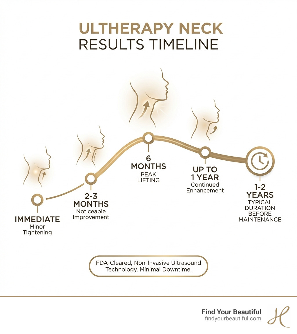 Infographic showing Ultherapy neck results timeline: immediate minor tightening, noticeable improvement at 2-3 months, peak lifting at 6 months, continued enhancement up to one year, with typical duration of 1-2 years before maintenance - ultherapy neck results infographic 