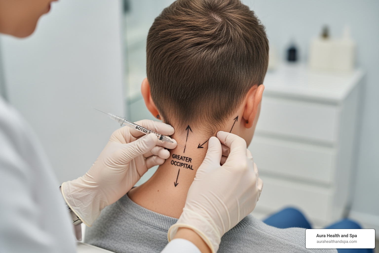 Image showing a medical professional using a very fine needle to administer Botox injections into the posterior neck and scalp area, with precise, marked injection points around the greater and lesser occipital nerves. The patient is sitting comfortably and appears relaxed. - Botox for occipital neuralgia