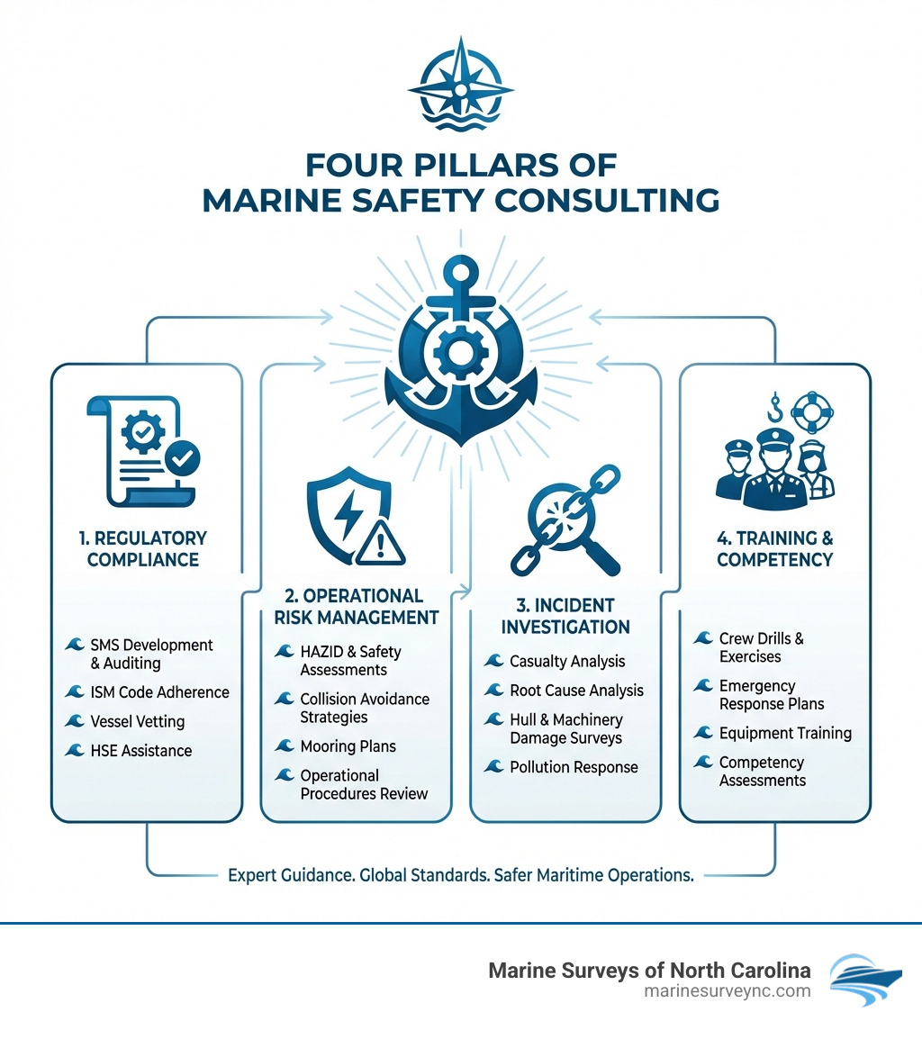 Infographic showing four pillars of marine safety consulting: Regulatory Compliance including SMS development and auditing, Operational Risk Management including HAZID and safety assessments, Incident Investigation including casualty analysis and damage surveys, and Training and Competency including crew drills and emergency response - marine safety consultant infographic Infographic showing four pillars of marine safety consulting: Regulatory Compliance including SMS development and auditing, Operational Risk Management including HAZID and safety assessments, Incident Investigation including casualty analysis and damage surveys, and Training and Competency including crew drills and emergency response - marine safety consultant infographic