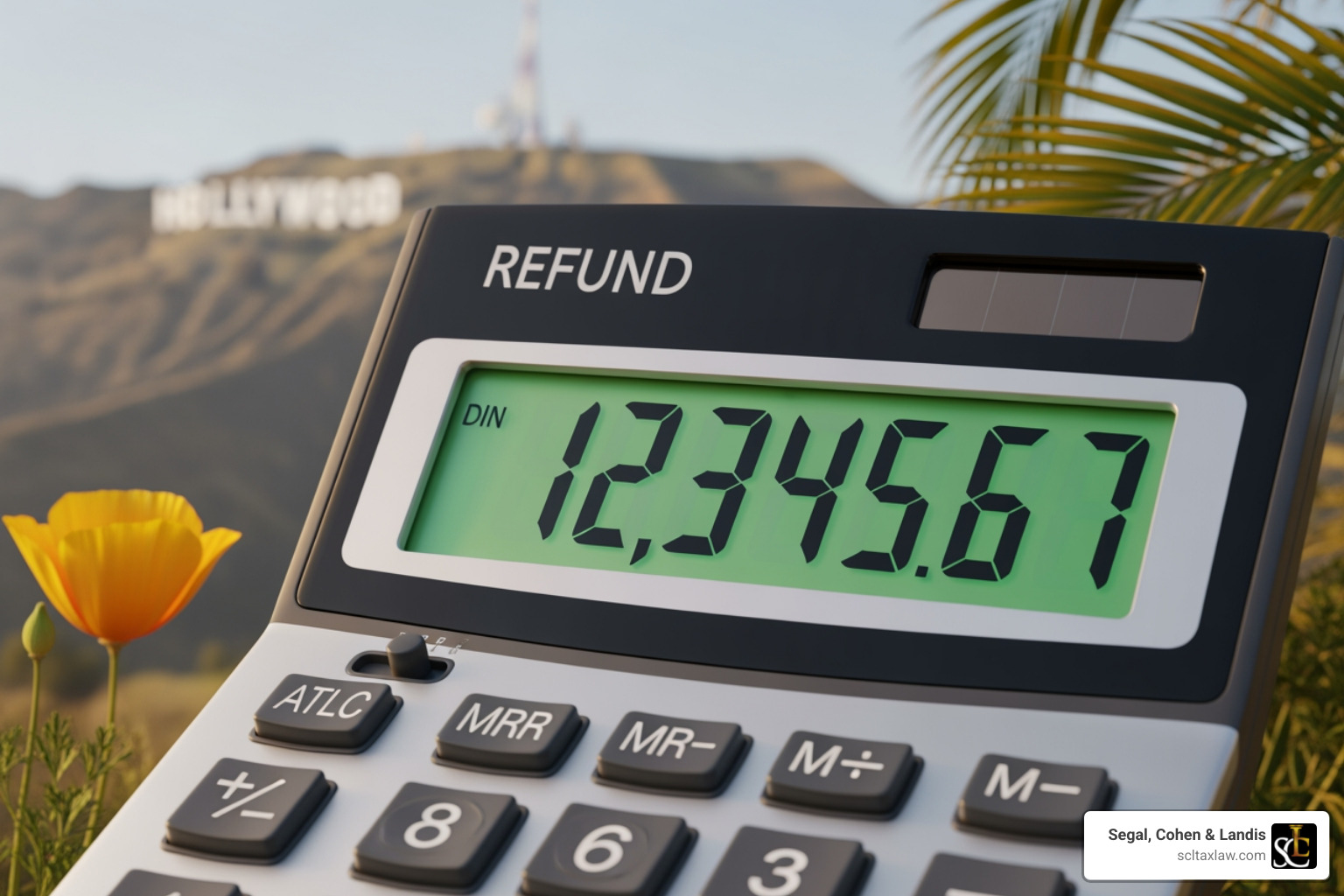 calculator showing large refund with California imagery - Los Angeles tax help calculator showing large refund with California imagery - Los Angeles tax help