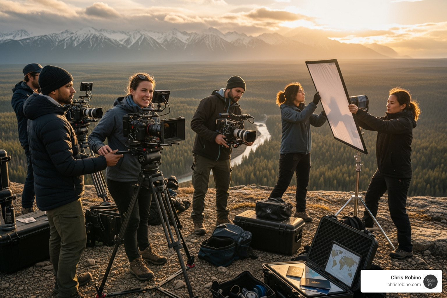 film crew working on location in a scenic landscape, highlighting the global nature of production - media production industry