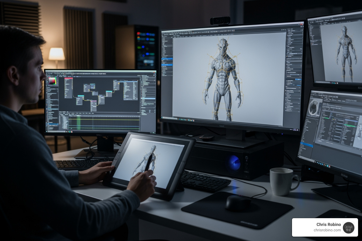 VFX artist using a tablet to manipulate a 3D model on a large screen - media production industry