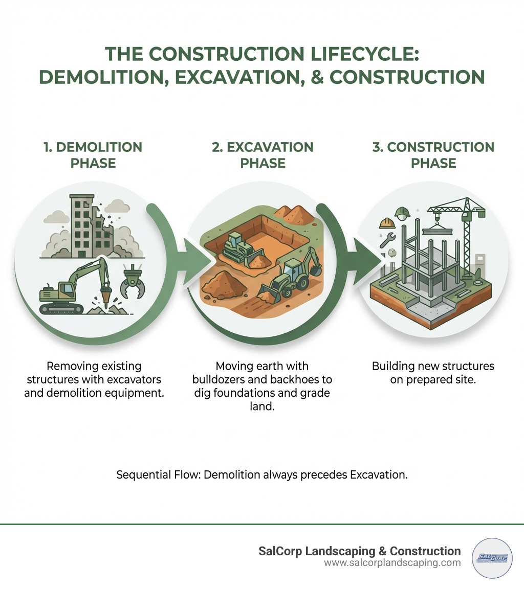 Infographic showing the construction lifecycle: 1. Demolition phase (removing existing structures with excavators and demolition equipment), 2. Excavation phase (moving earth with bulldozers and backhoes to dig foundations and grade land), 3. Construction phase (building new structures on prepared site). Arrows indicate the sequential flow, with demolition always preceding excavation. - demolition and excavation infographic Infographic showing the construction lifecycle: 1. Demolition phase (removing existing structures with excavators and demolition equipment), 2. Excavation phase (moving earth with bulldozers and backhoes to dig foundations and grade land), 3. Construction phase (building new structures on prepared site). Arrows indicate the sequential flow, with demolition always preceding excavation. - demolition and excavation infographic