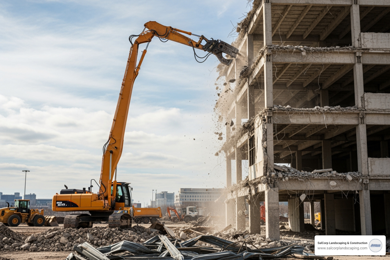 a high-reach excavator dismantling a commercial building - demolition and excavation a high-reach excavator dismantling a commercial building - demolition and excavation