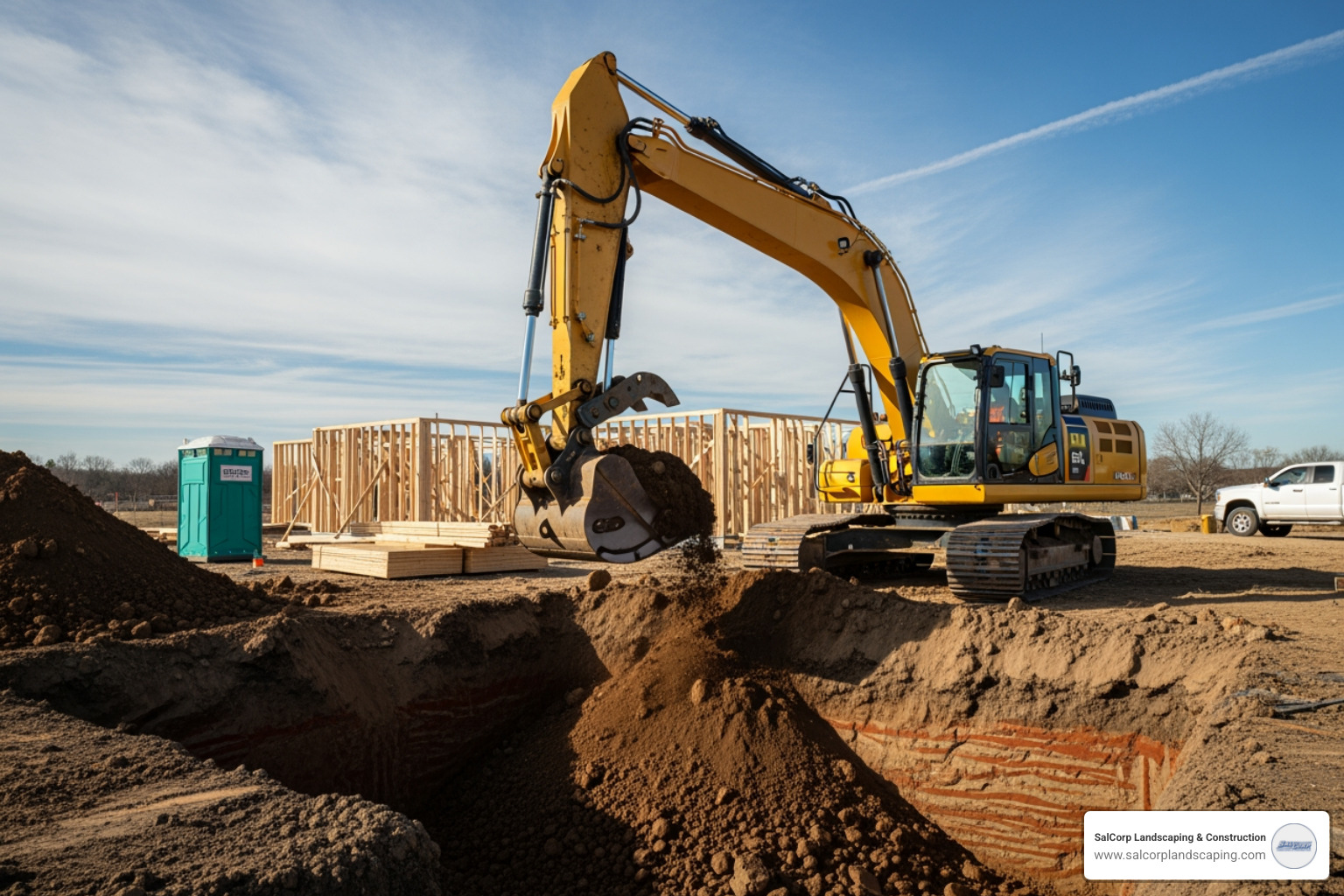 an excavator digging a foundation for a new home - demolition and excavation an excavator digging a foundation for a new home - demolition and excavation