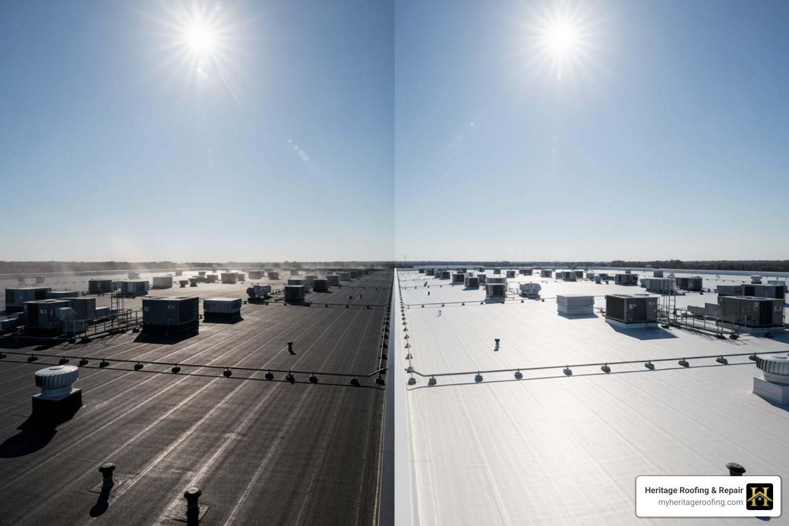 cool roof reflecting sunlight compared to a dark roof absorbing it - roofing for commercial buildings