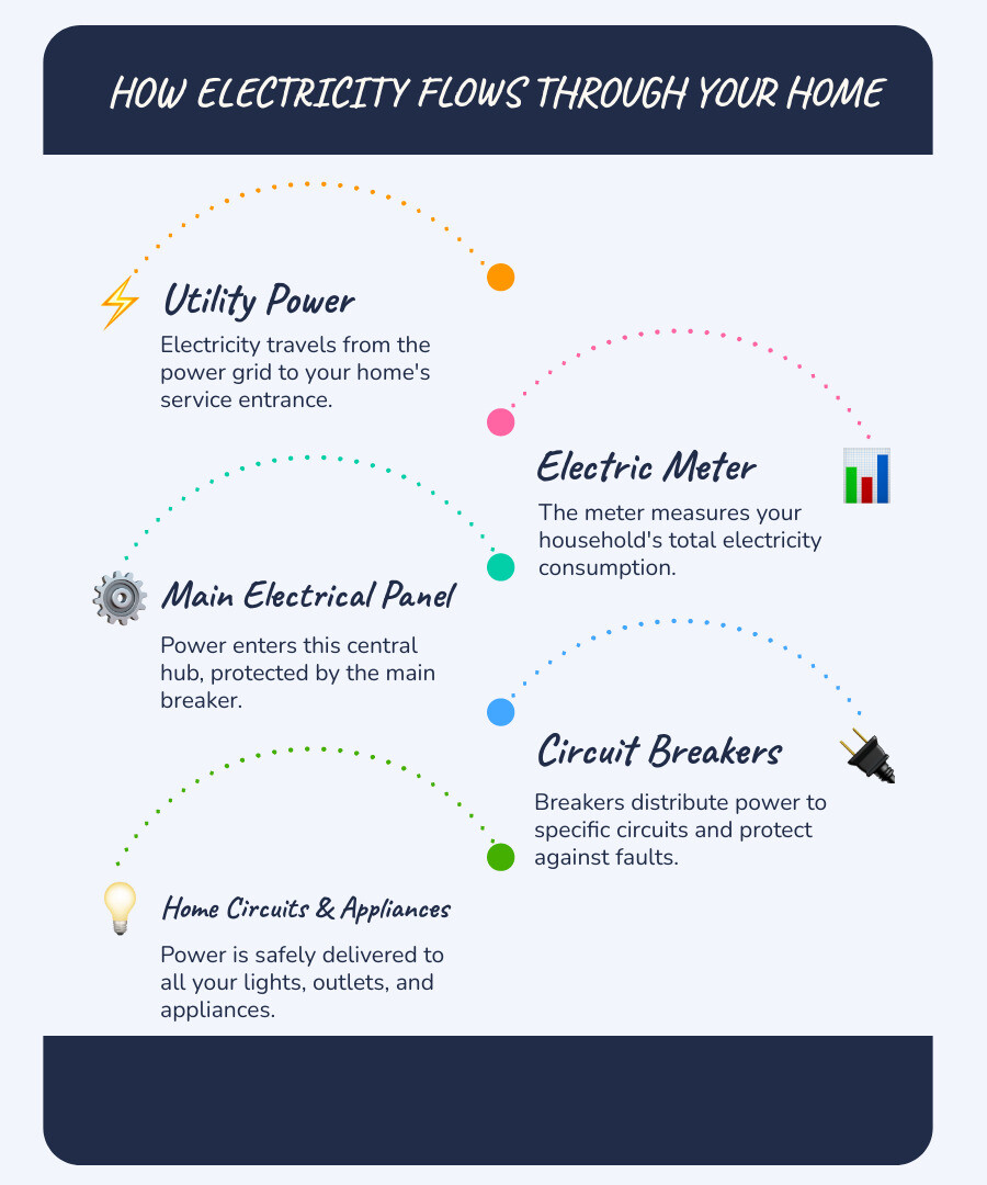 Detailed infographic showing the flow of electricity from utility lines on the street, through the electric meter mounted on the home exterior, into the main electrical panel box, and then branching out to individual circuit breakers that power different areas and appliances throughout the house - inside electric panel infographic infographic-line-5-steps-blues-accent_colors Detailed infographic showing the flow of electricity from utility lines on the street, through the electric meter mounted on the home exterior, into the main electrical panel box, and then branching out to individual circuit breakers that power different areas and appliances throughout the house - inside electric panel infographic infographic-line-5-steps-blues-accent_colors