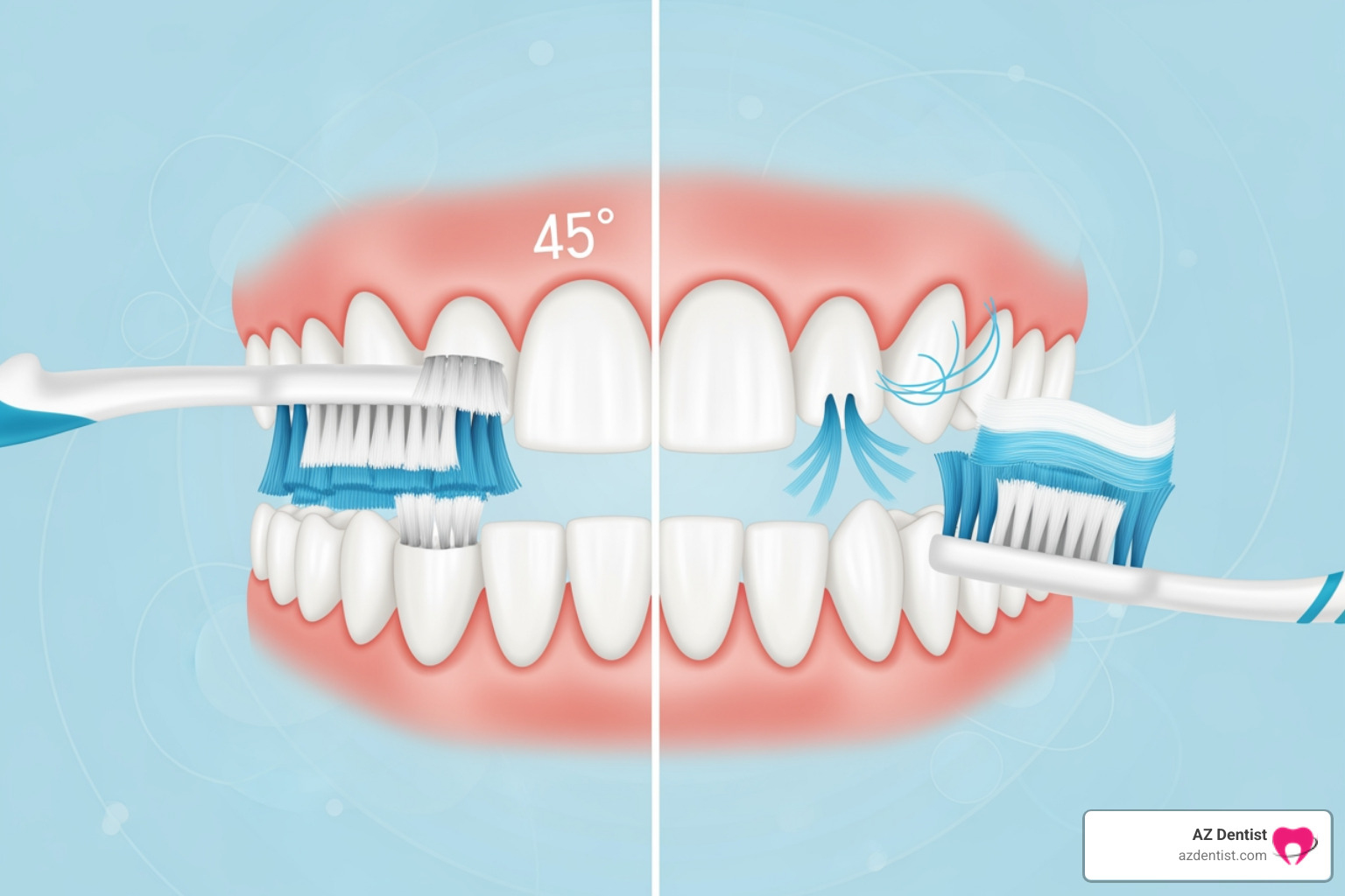 Illustration showing how a toothbrush can more easily clean straight teeth compared to crooked, overlapping teeth - Braces Glendale AZ Illustration showing how a toothbrush can more easily clean straight teeth compared to crooked, overlapping teeth - Braces Glendale AZ