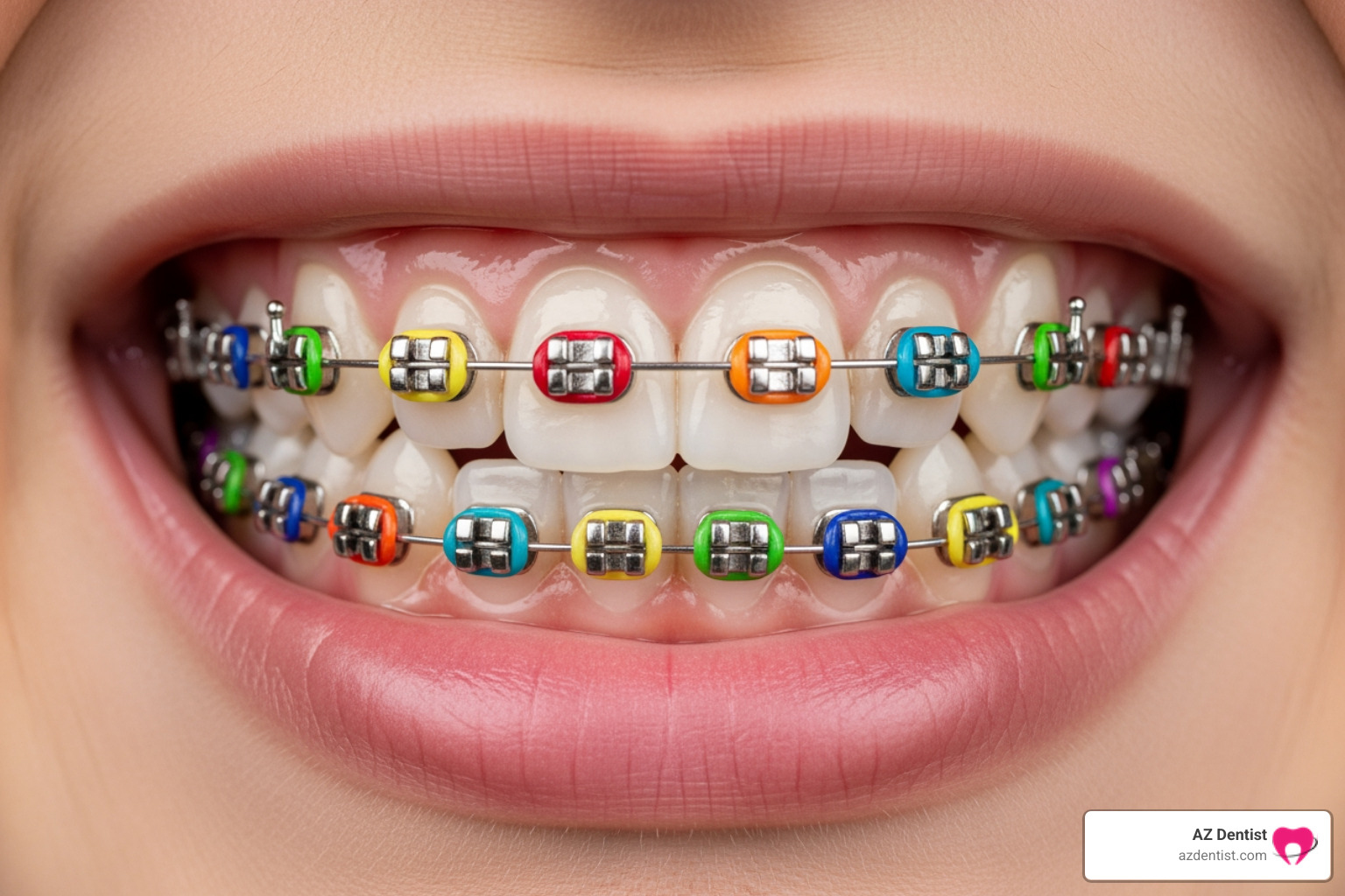 Image of modern, smaller metal braces with colorful elastic bands on a person's teeth - Braces Glendale AZ Image of modern, smaller metal braces with colorful elastic bands on a person's teeth - Braces Glendale AZ
