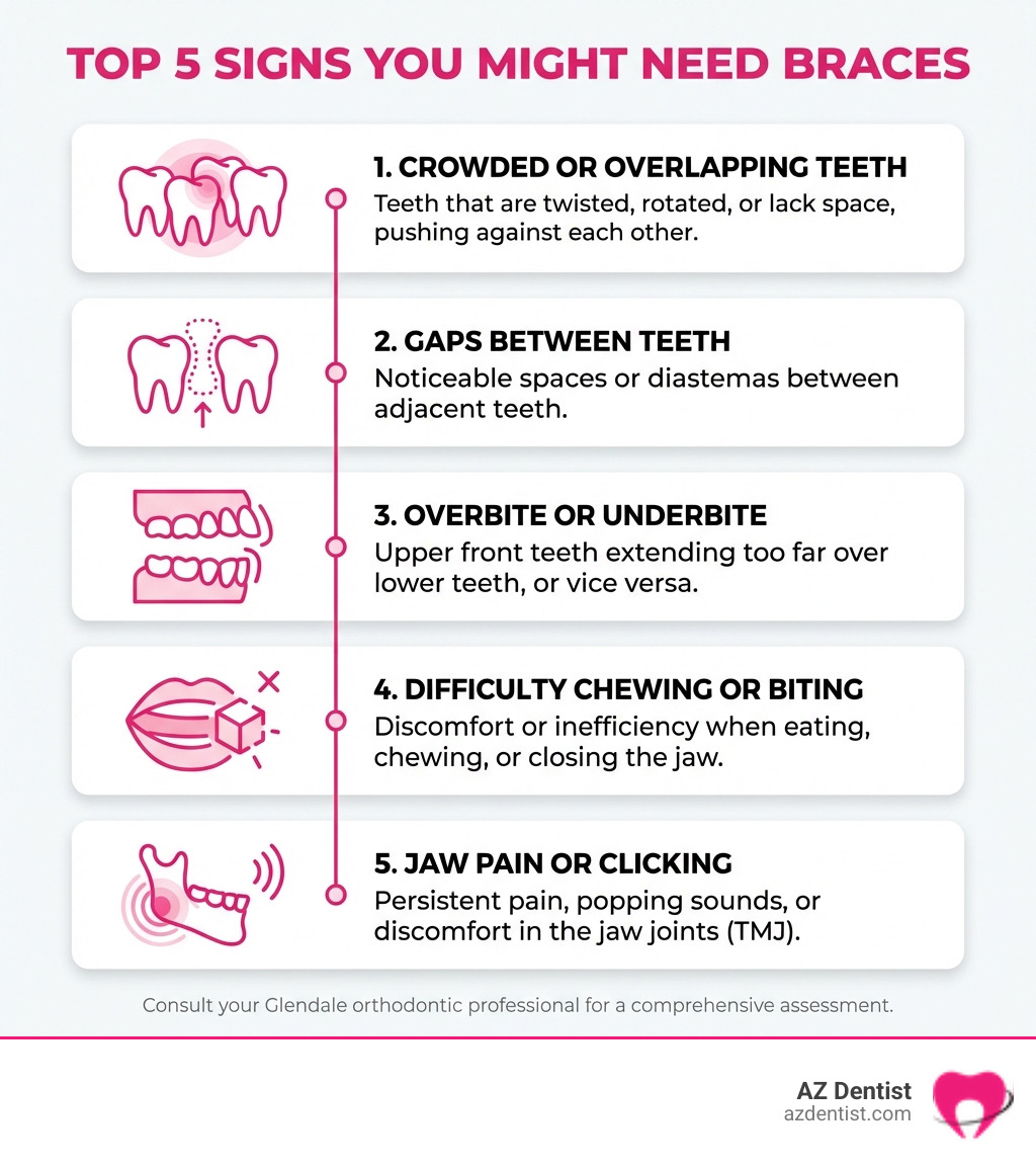 Infographic showing the top 5 signs you might need braces: crowded or overlapping teeth, gaps between teeth, overbite or underbite, difficulty chewing or biting, and jaw pain or clicking - Braces Glendale AZ infographic Infographic showing the top 5 signs you might need braces: crowded or overlapping teeth, gaps between teeth, overbite or underbite, difficulty chewing or biting, and jaw pain or clicking - Braces Glendale AZ infographic