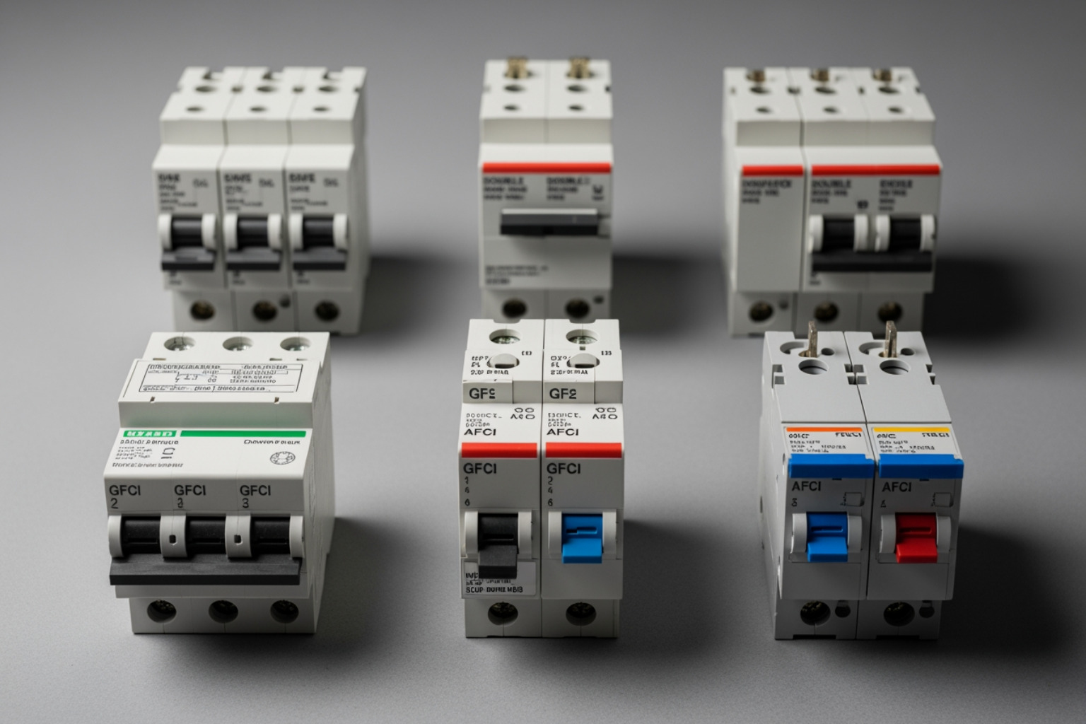 Different types of circuit breakers including single-pole, double-pole, GFCI, and AFCI - inside electric panel Different types of circuit breakers including single-pole, double-pole, GFCI, and AFCI - inside electric panel