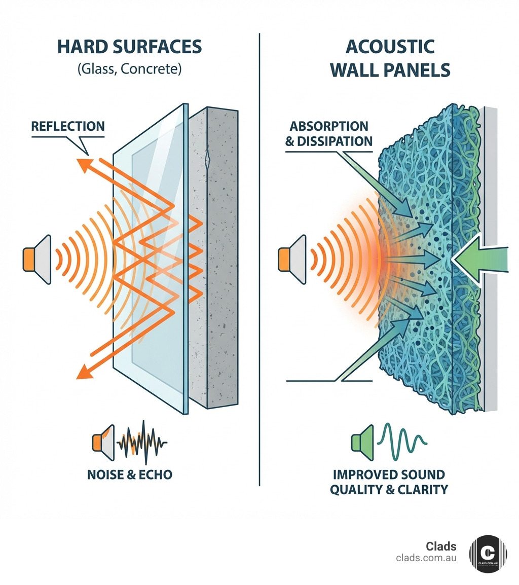 infographic showing sound waves bouncing off hard surfaces like glass and concrete versus being absorbed and dissipated by acoustic wall panels, with labels for reflection, absorption, and improved sound quality - acoustic walls panels infographic infographic showing sound waves bouncing off hard surfaces like glass and concrete versus being absorbed and dissipated by acoustic wall panels, with labels for reflection, absorption, and improved sound quality - acoustic walls panels infographic