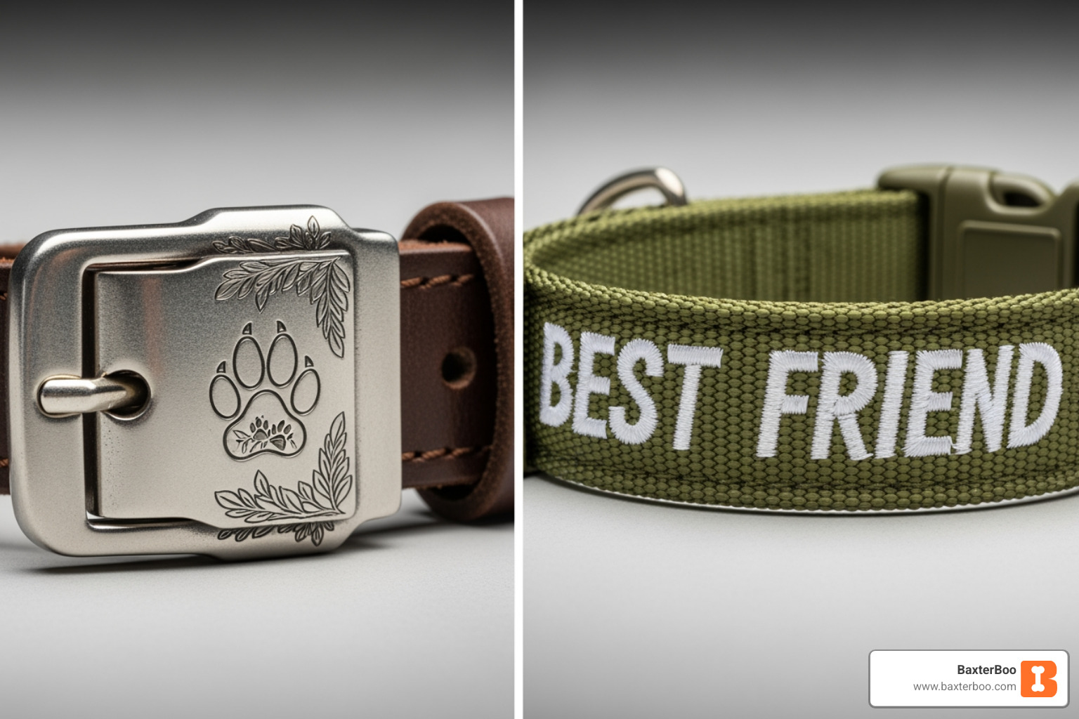 Close-up images showing an engraved metal buckle on one side and embroidered text on a nylon collar on the other - personalized dog collars Close-up images showing an engraved metal buckle on one side and embroidered text on a nylon collar on the other - personalized dog collars