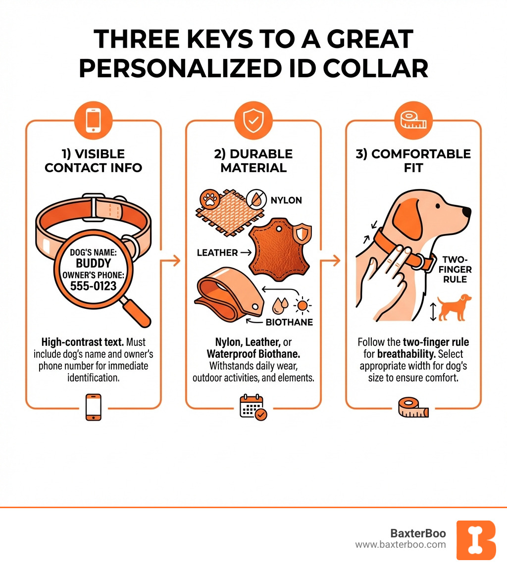 Infographic showing three keys to a great personalized ID collar: 1) Visible contact info with high-contrast text including dog's name and owner's phone number 2) Durable material like nylon leather or waterproof Biothane that withstands daily wear 3) Comfortable fit following the two-finger rule with appropriate width for dog's size - personalized dog collars infographic Infographic showing three keys to a great personalized ID collar: 1) Visible contact info with high-contrast text including dog's name and owner's phone number 2) Durable material like nylon leather or waterproof Biothane that withstands daily wear 3) Comfortable fit following the two-finger rule with appropriate width for dog's size - personalized dog collars infographic