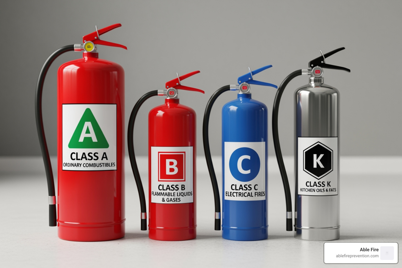 Different types of fire extinguishers with their classification symbols (A, B, C, K) - fire extinguisher inspection frequency