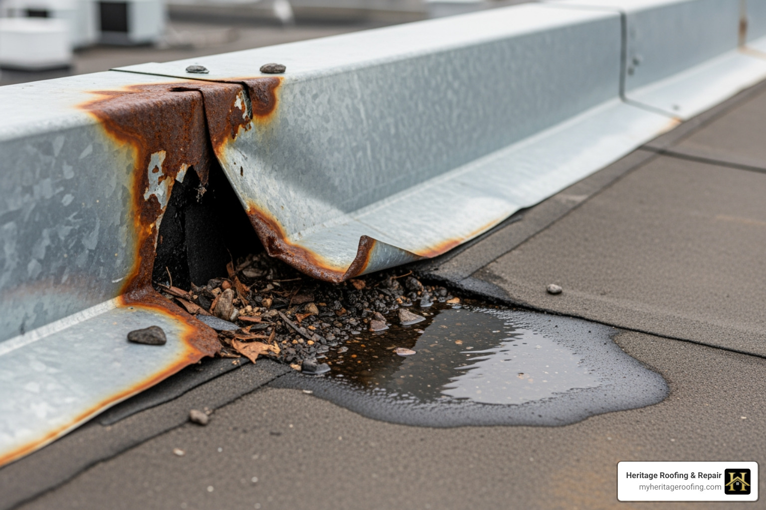 Close-up of damaged commercial roof flashing - Commercial roof inspection