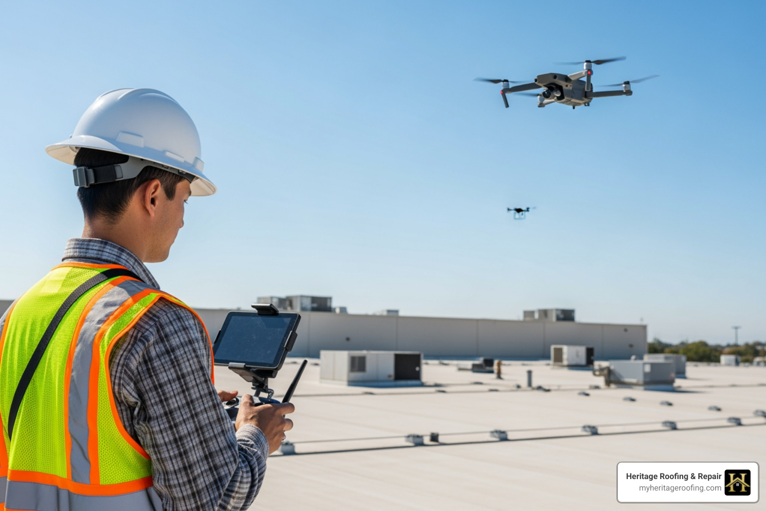 Inspector using drone for roof survey - Commercial roof inspection