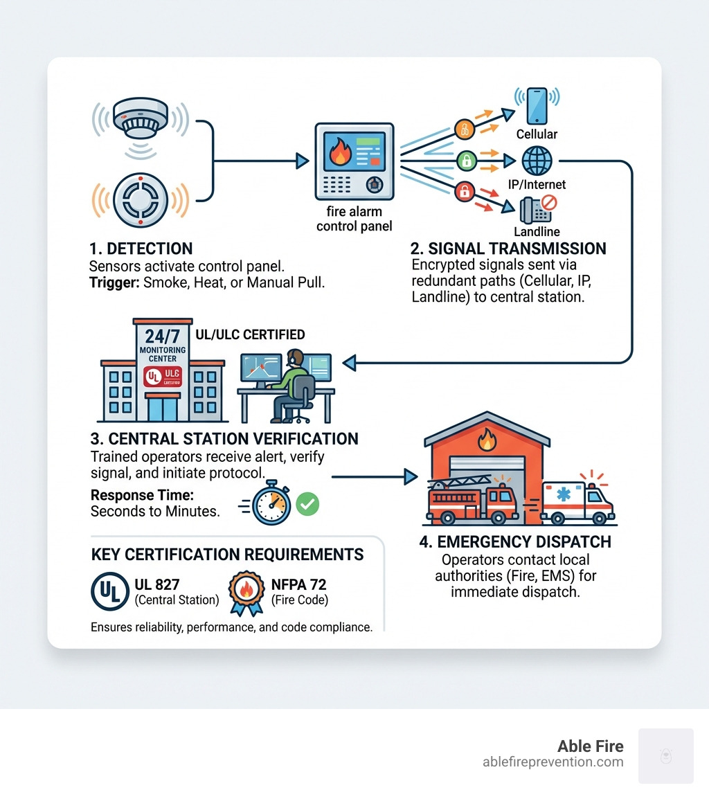 infographic showing the complete fire alarm monitoring process from detection through signal transmission to central station verification and emergency dispatch, including response time statistics and key certification requirements - fire alarm monitoring service infographic infographic showing the complete fire alarm monitoring process from detection through signal transmission to central station verification and emergency dispatch, including response time statistics and key certification requirements - fire alarm monitoring service infographic