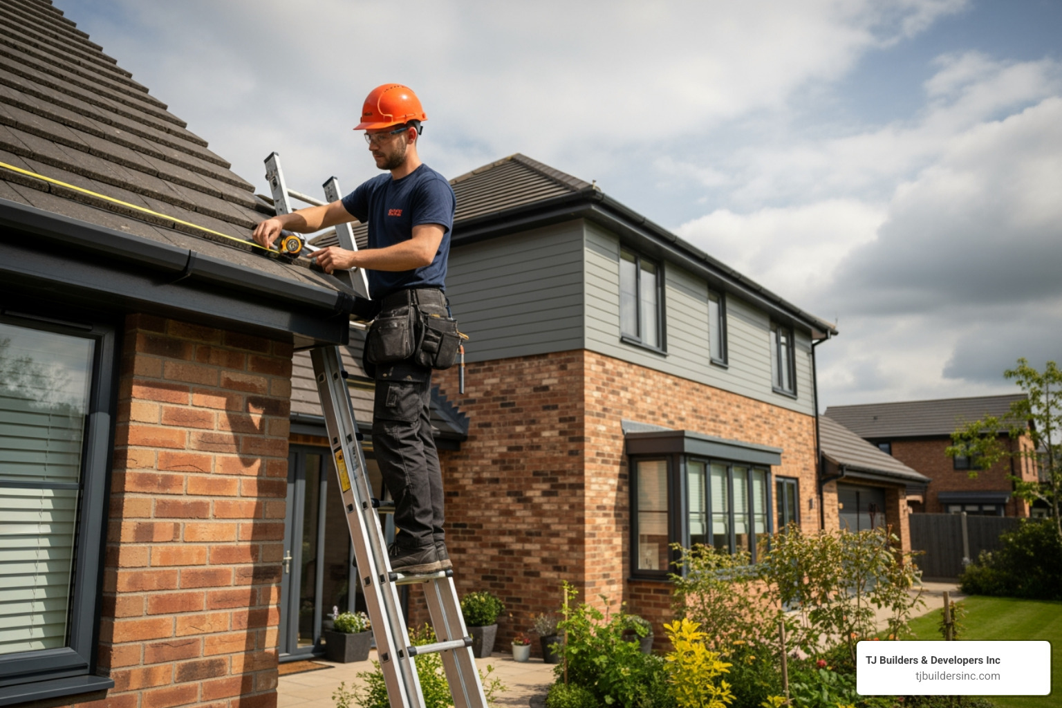 person measuring roofline with tape measure - installing gutters