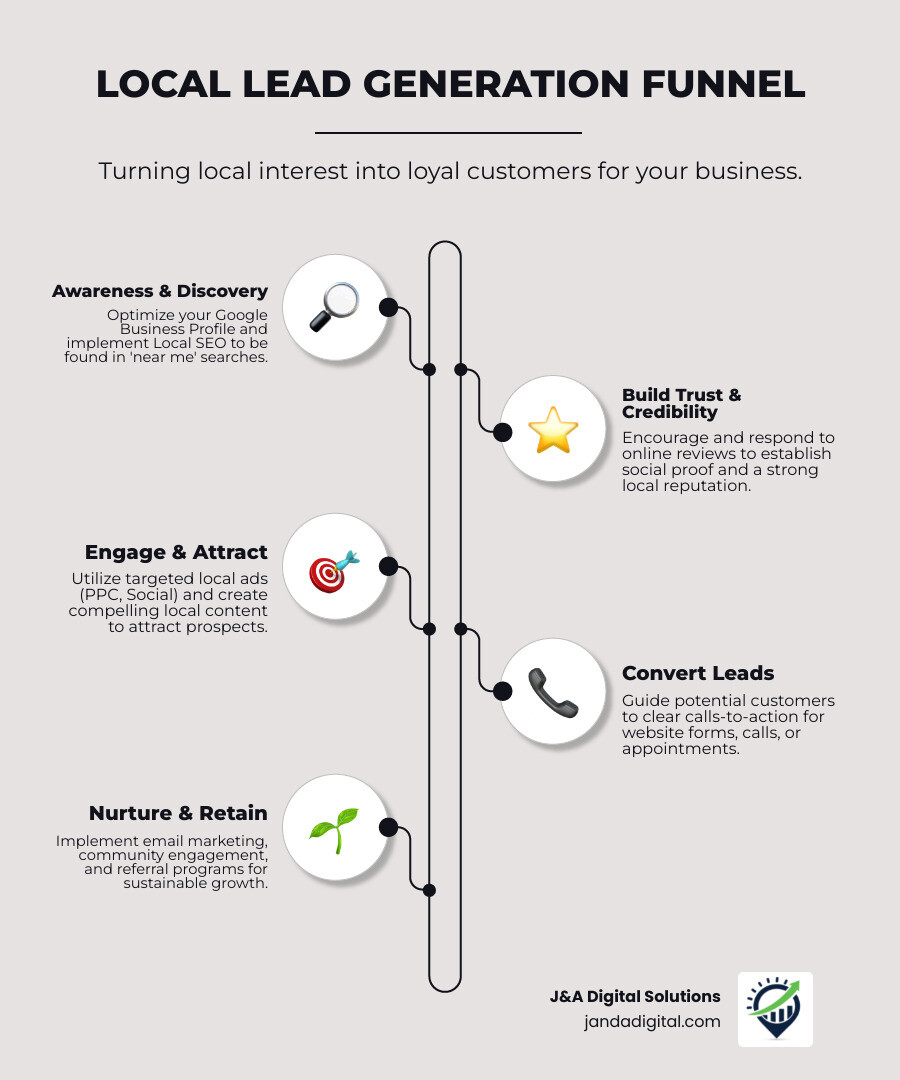 local lead generation funnel infographic showing the journey from local search and awareness through consideration with reviews and social proof, to conversion via website forms, calls, and appointments, with arrows indicating the flow and key touchpoints like Google Business Profile, local SEO, targeted ads, and email nurturing - lead generation for local businesses infographic infographic-line-5-steps-elegant_beige local lead generation funnel infographic showing the journey from local search and awareness through consideration with reviews and social proof, to conversion via website forms, calls, and appointments, with arrows indicating the flow and key touchpoints like Google Business Profile, local SEO, targeted ads, and email nurturing - lead generation for local businesses infographic infographic-line-5-steps-elegant_beige