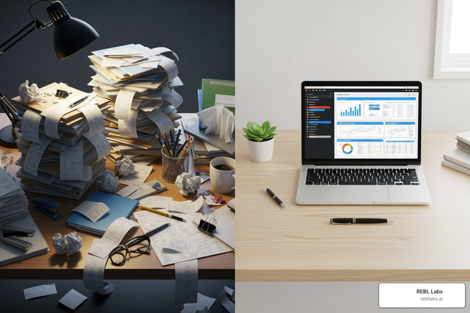 cluttered desk with paper receipts vs. clean digital interface - accounting firm automation