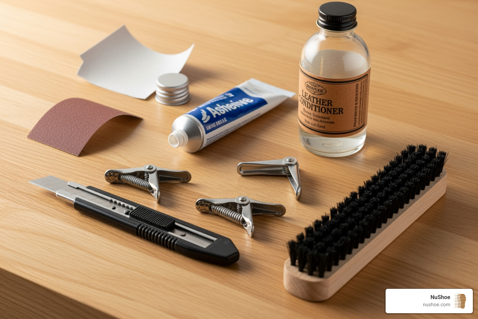 DIY boat shoe repair kit including sandpaper, adhesive, and leather conditioner - boat shoe repair