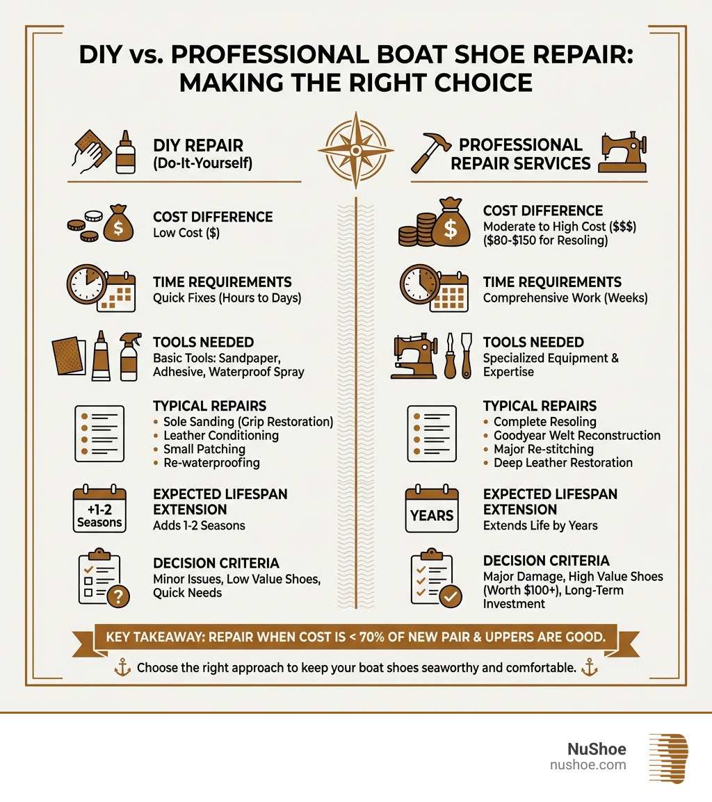 Infographic comparing DIY boat shoe repair versus professional repair services, showing cost differences, time requirements, tools needed, typical repairs handled by each approach, expected lifespan extension, and decision criteria for choosing between DIY fixes like sole sanding and leather conditioning versus professional services like complete resoling and Goodyear welt reconstruction - boat shoe repair infographic 