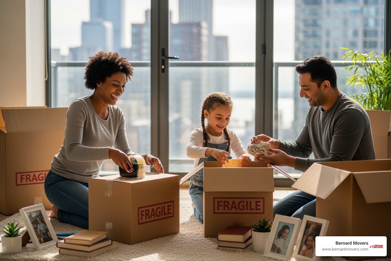 A family packing boxes in their Chicago home, smiling as they work together - long distance movers Illinois A family packing boxes in their Chicago home, smiling as they work together - long distance movers Illinois