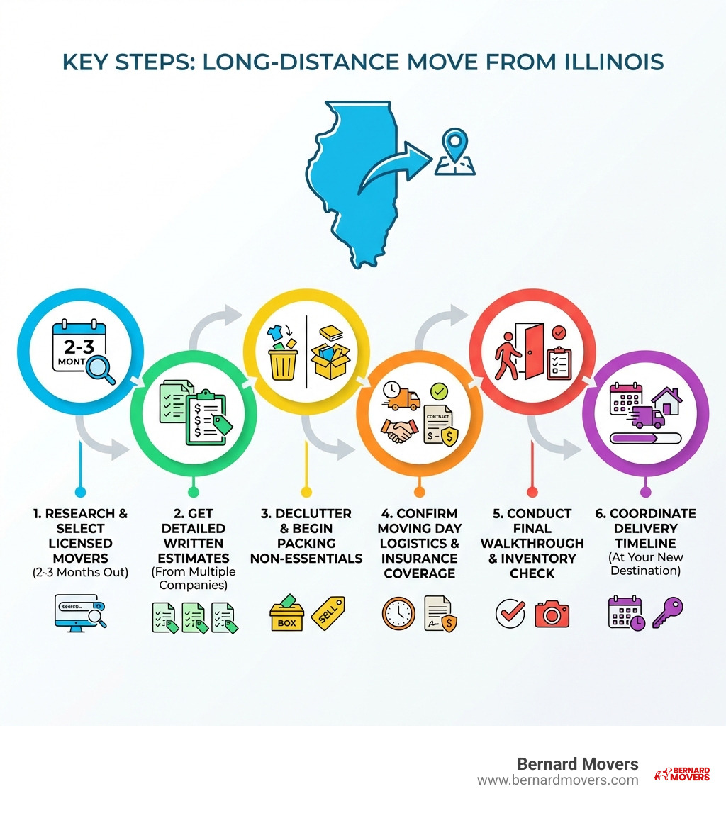 Infographic showing the key steps of a long-distance move from Illinois: 1) Research and select licensed movers 2-3 months in advance, 2) Get detailed written estimates from multiple companies, 3) Declutter and begin packing non-essentials, 4) Confirm moving day logistics and insurance coverage, 5) Conduct final walkthrough and inventory check, 6) Coordinate delivery timeline at your new destination - long distance movers Illinois infographic Infographic showing the key steps of a long-distance move from Illinois: 1) Research and select licensed movers 2-3 months in advance, 2) Get detailed written estimates from multiple companies, 3) Declutter and begin packing non-essentials, 4) Confirm moving day logistics and insurance coverage, 5) Conduct final walkthrough and inventory check, 6) Coordinate delivery timeline at your new destination - long distance movers Illinois infographic