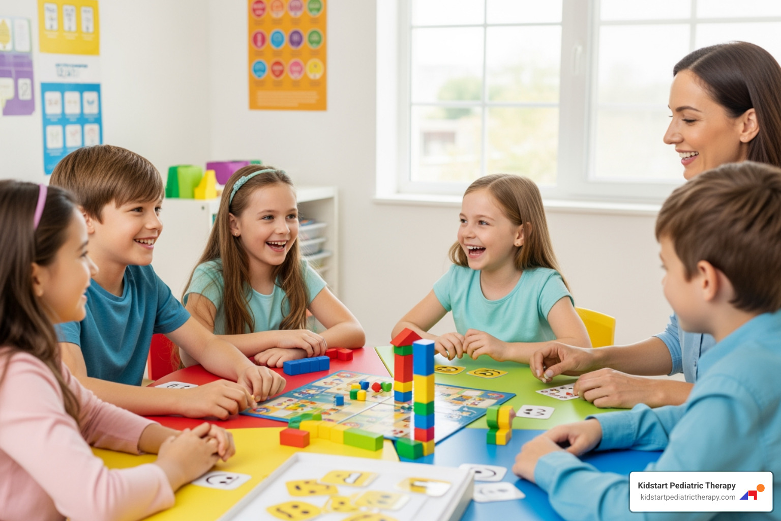 Children practicing social skills in a structured group setting, laughing and interacting - autism spectrum disorder therapy Children practicing social skills in a structured group setting, laughing and interacting - autism spectrum disorder therapy