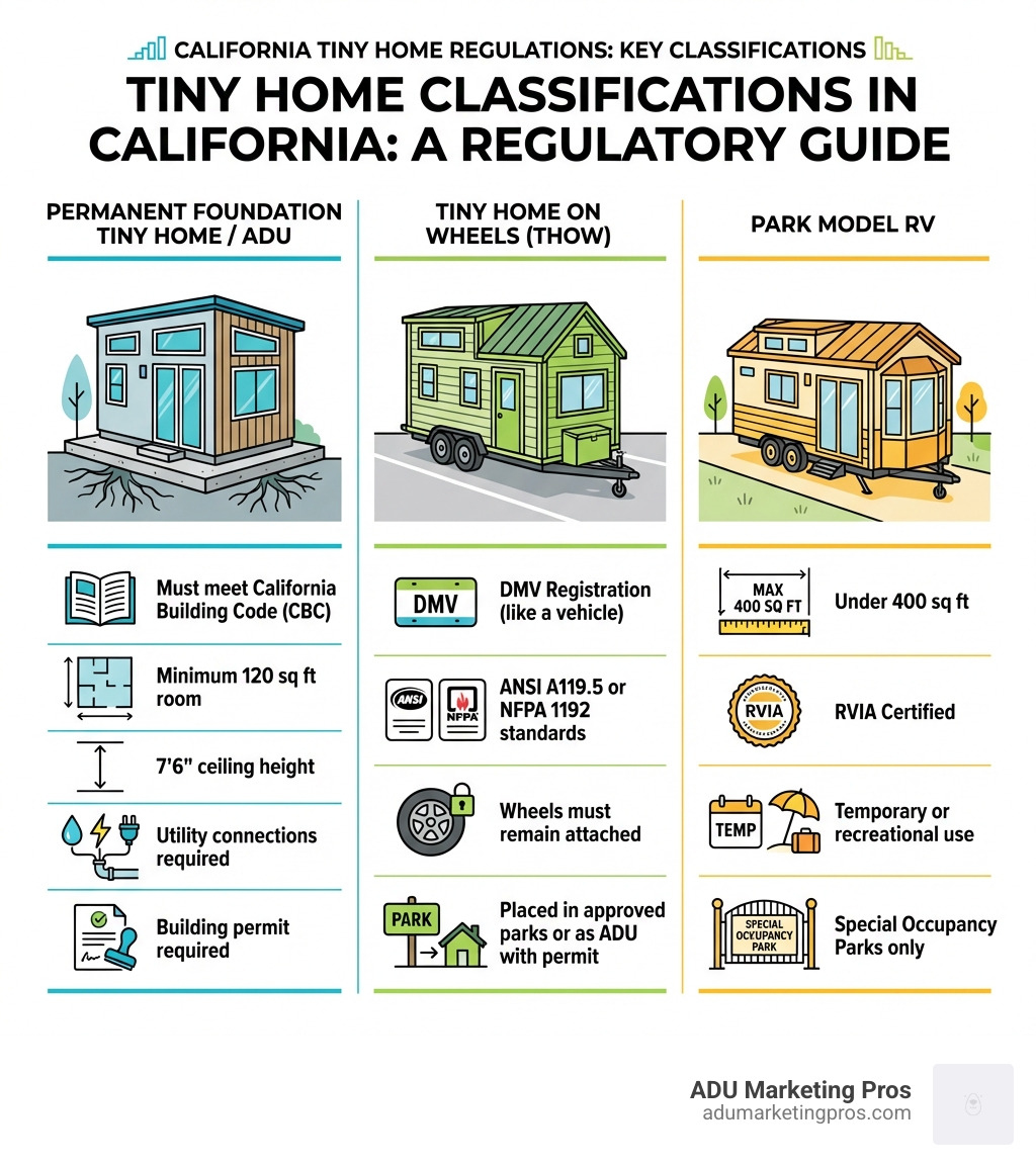 infographic showing three main classifications of tiny homes in California: left column shows Permanent Foundation Tiny Home/ADU with foundation illustration and key requirements (must meet California Building Code, minimum 120 sq ft room, 7'6