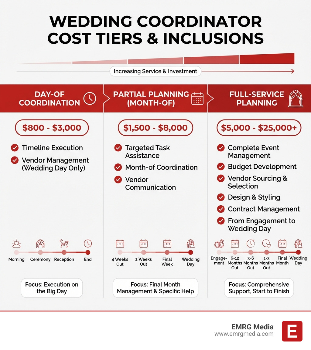 Detailed cost breakdown showing three tiers: Day-of Coordination ($800-$3,000) includes timeline execution and vendor management on wedding day; Partial Planning ($1,500-$8,000) includes targeted assistance with specific tasks and month-of coordination; Full-Service Planning ($5,000-$25,000+) includes complete event management from engagement through wedding day with budget development, vendor sourcing, design, and contract management - how much does a wedding coordinator cost infographic Detailed cost breakdown showing three tiers: Day-of Coordination ($800-$3,000) includes timeline execution and vendor management on wedding day; Partial Planning ($1,500-$8,000) includes targeted assistance with specific tasks and month-of coordination; Full-Service Planning ($5,000-$25,000+) includes complete event management from engagement through wedding day with budget development, vendor sourcing, design, and contract management - how much does a wedding coordinator cost infographic