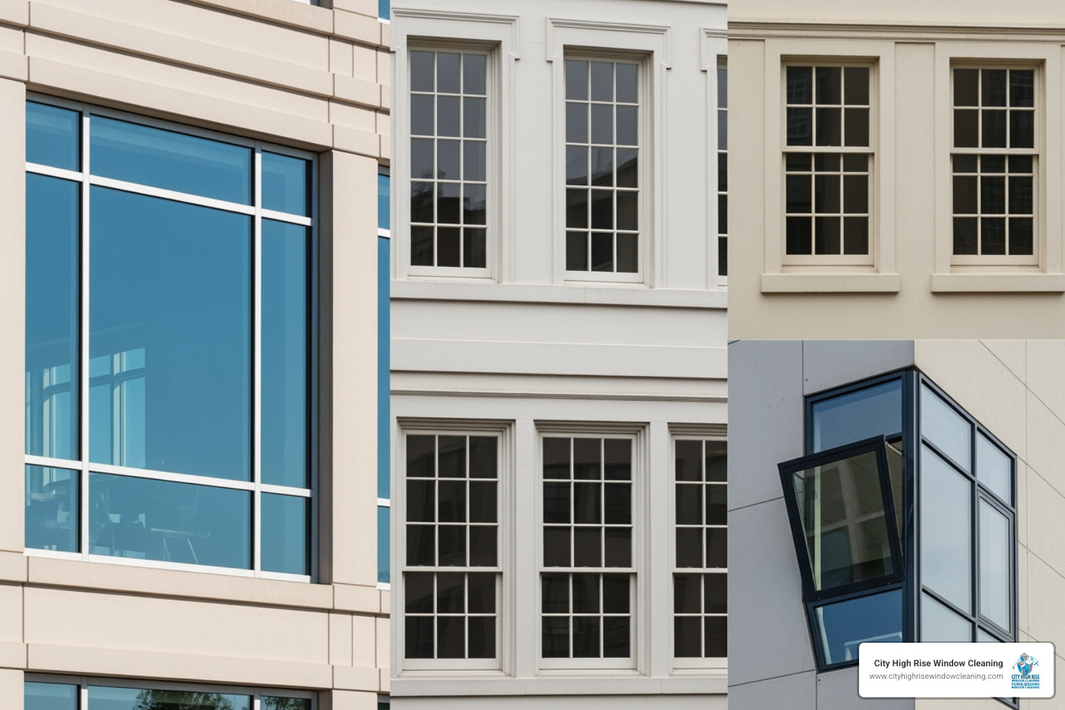 Different types of commercial windows: large picture windows, multi-pane French windows, and architectural windows with complex shapes. - commercial window cleaning cost Different types of commercial windows: large picture windows, multi-pane French windows, and architectural windows with complex shapes. - commercial window cleaning cost