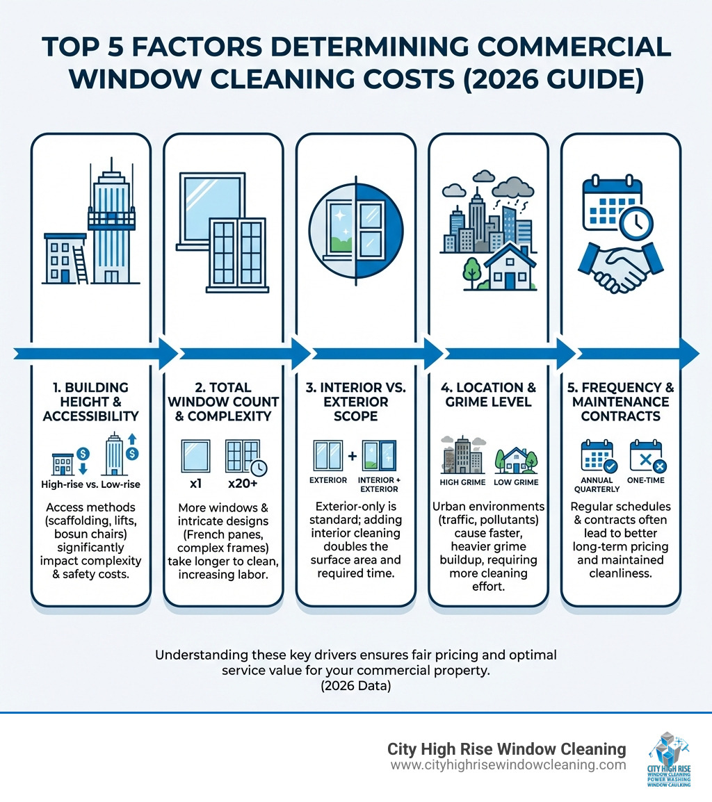 Infographic showing the top 5 factors that determine commercial window cleaning costs: 1. Building height and accessibility (high-rise vs. low-rise), 2. Total window count and complexity (French panes, picture windows, etc.), 3. Interior vs. exterior cleaning scope, 4. Location and grime level (urban vs. suburban), and 5. Frequency of service and maintenance contracts - commercial window cleaning cost infographic Infographic showing the top 5 factors that determine commercial window cleaning costs: 1. Building height and accessibility (high-rise vs. low-rise), 2. Total window count and complexity (French panes, picture windows, etc.), 3. Interior vs. exterior cleaning scope, 4. Location and grime level (urban vs. suburban), and 5. Frequency of service and maintenance contracts - commercial window cleaning cost infographic