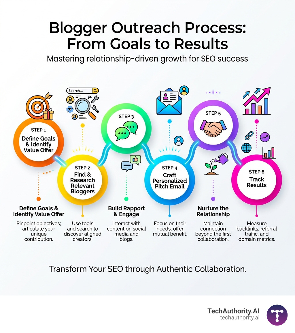 Infographic showing the blogger outreach process: Step 1 - Define your goals and identify what value you offer; Step 2 - Find and research relevant bloggers using tools and search; Step 3 - Build rapport by engaging with their content on social media and blog comments; Step 4 - Craft a personalized pitch email focused on their needs; Step 5 - Nurture the relationship beyond the first collaboration; Step 6 - Track results through backlinks, referral traffic, and domain authority metrics - Blogger Outreach infographic 