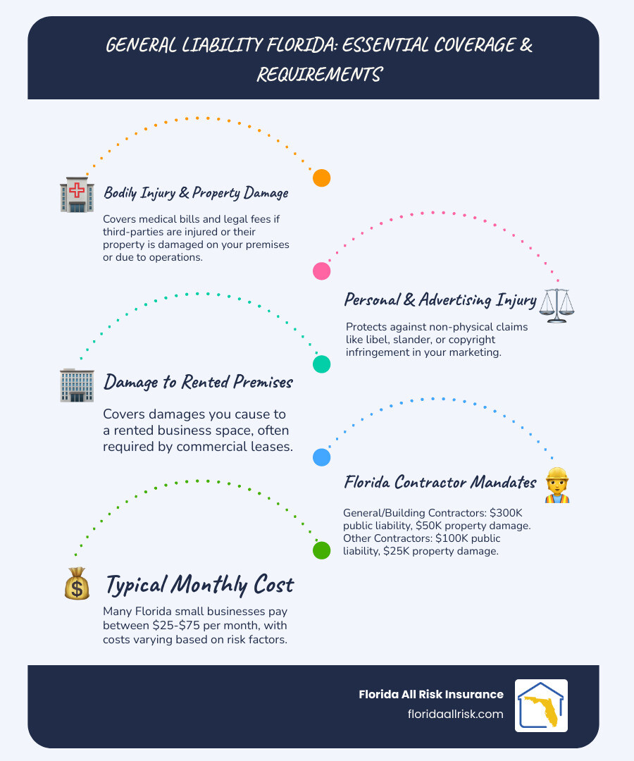 Infographic showing General liability Florida coverage breakdown: bodily injury protection with image of customer slip-and-fall, property damage coverage with image of damaged client property, personal and advertising injury protection with image of copyright dispute, and rented premises damage with image of office fire damage. Bottom section shows Florida contractor requirements: $300,000 public liability and $50,000 property damage for general contractors, $100,000 public liability and $25,000 property damage for other contractors. Average cost range displayed as $25-$75 per month for Florida small businesses. - General liability Florida infographic infographic-line-5-steps-blues-accent_colors
